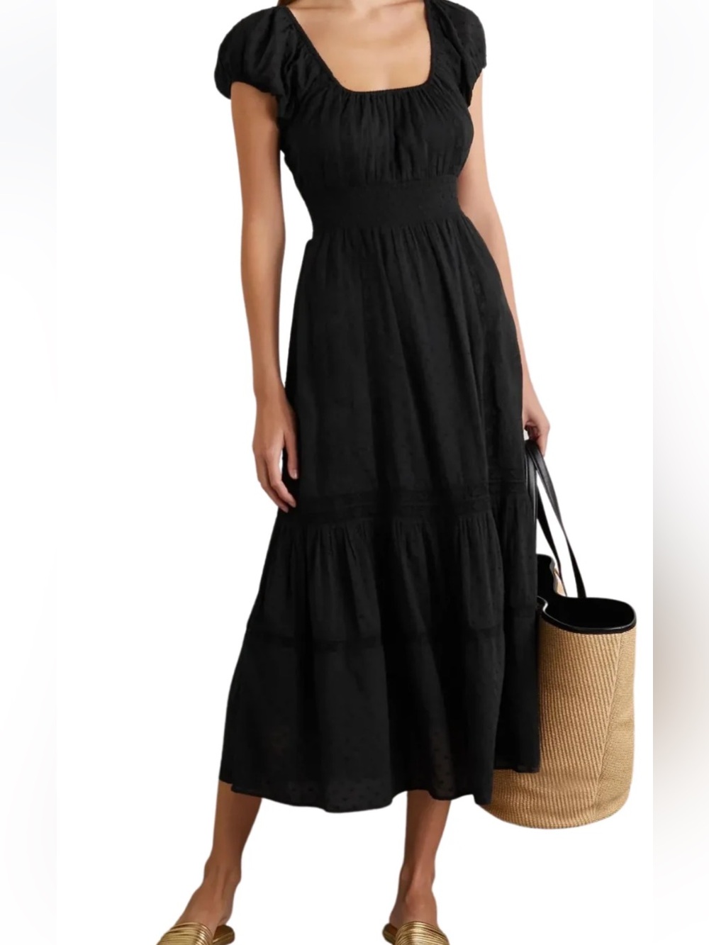 LoveShackFancy Vernon Midi Dress in Black Lace Embroidered Swiss Dot Detail Boho